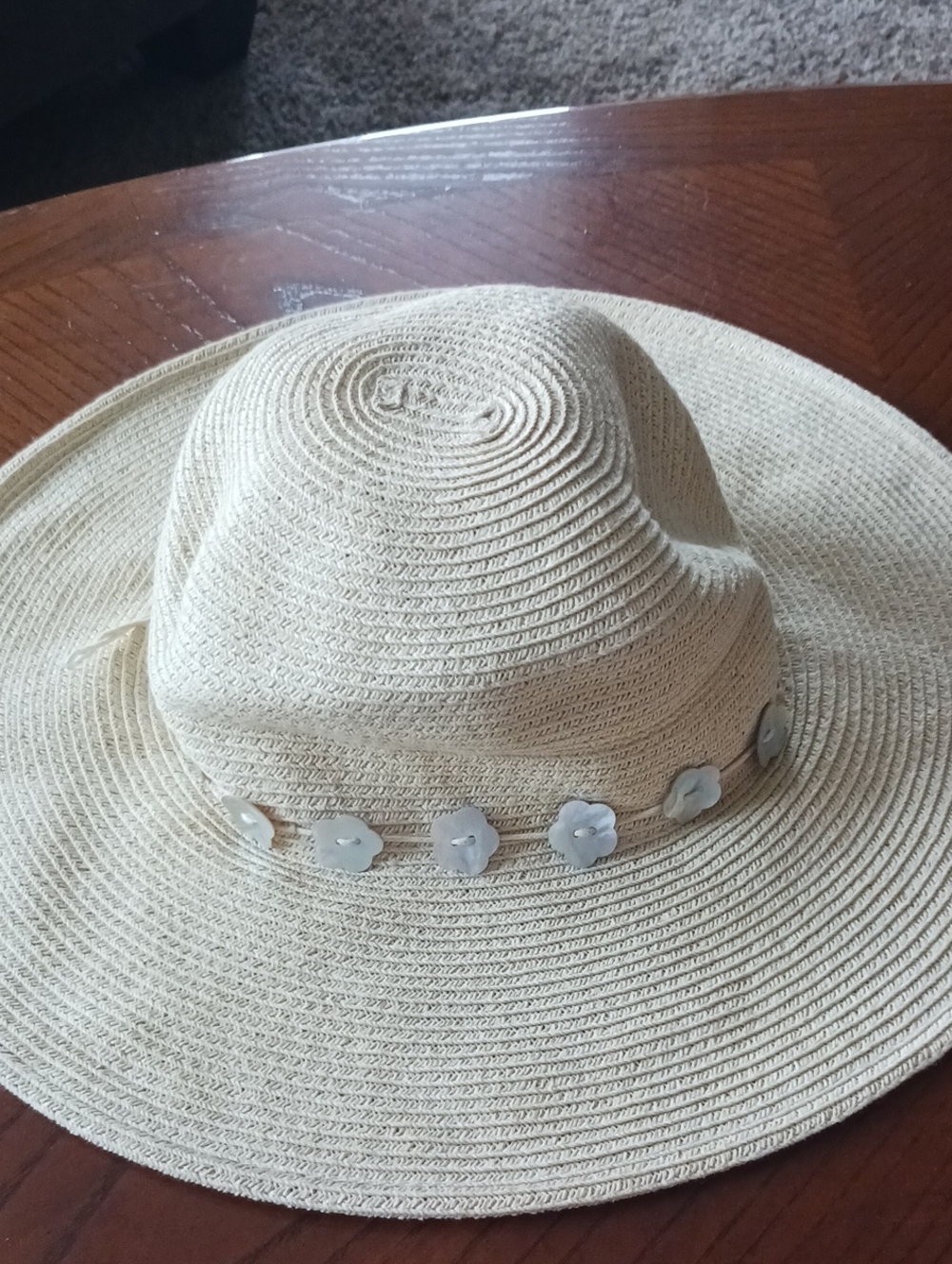 Capelli of New York Cream Straw Sun Hat with Shell Flower Band
